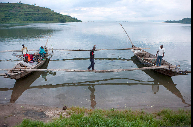 Singing fishermen and their boats on lake kivu